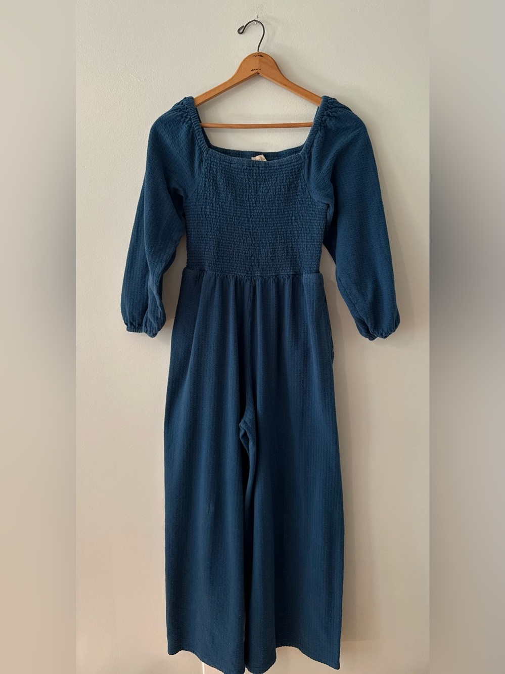 AnyBody Jumpsuit Teal Smocked Square-Neck Wide-Leg 100% Cotton Size Medium